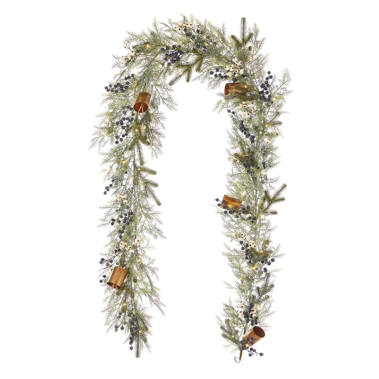 Christmas Mixed Mica Foliage with Blueberries and Harmony Bells 9ft Garland Pre-Lit with 50 LED Fairy Lights B/O